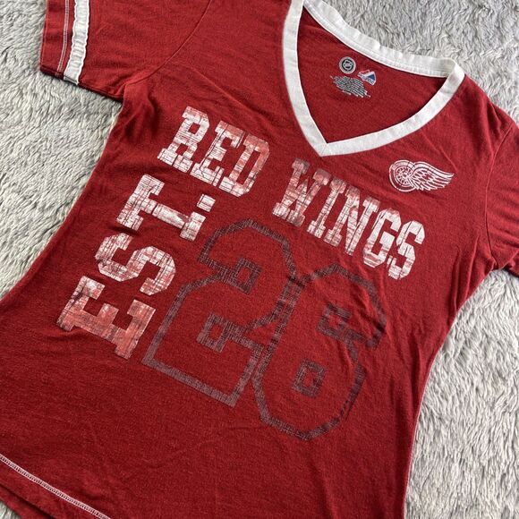 Majestic Tops - Detroit Red Wings Shirt Womens Small Red White NHL Hockey Retro Throwback Vneck